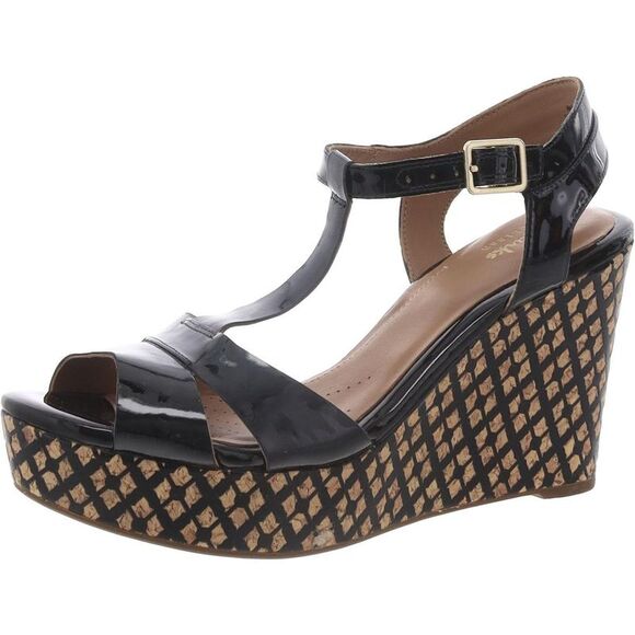 Clarks Glossy Black Wedge Sandals - Picture 1 of 4